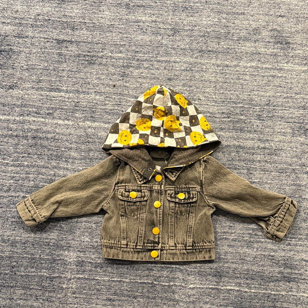 Kids Denim Jacket with Checkered Hood